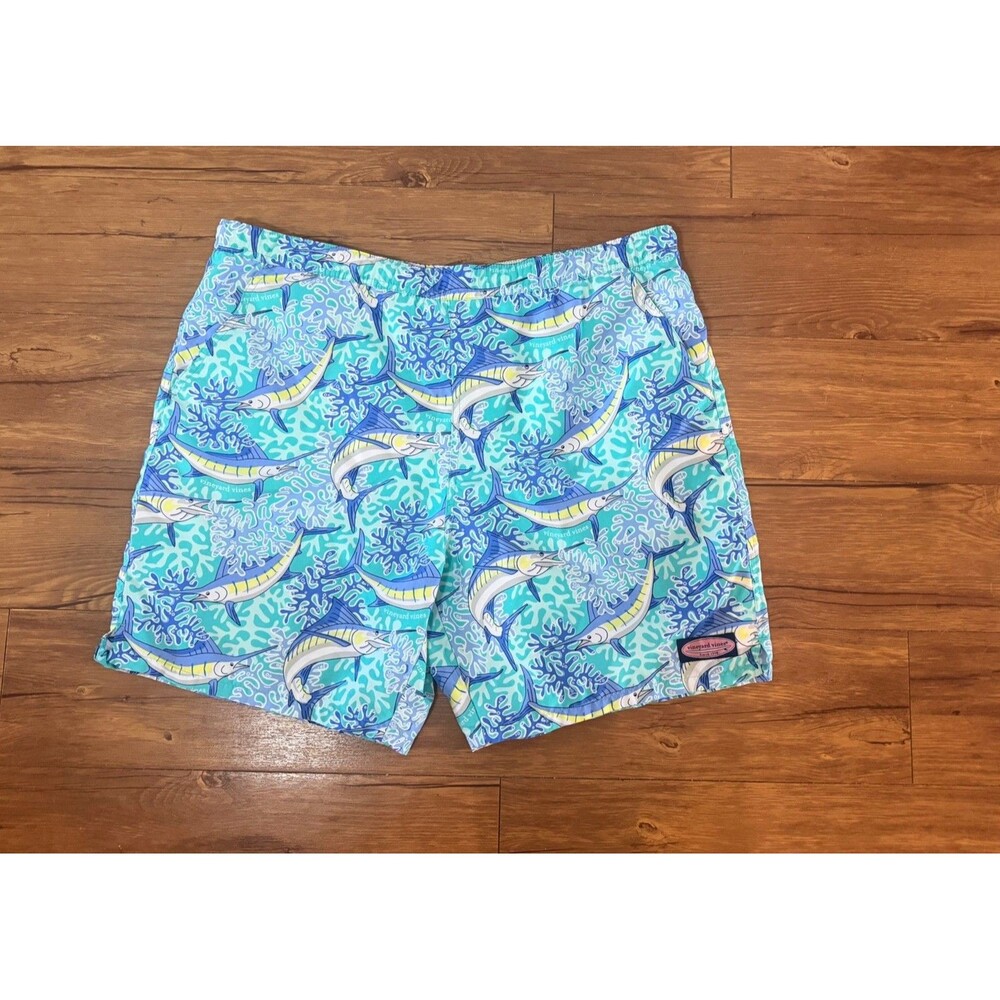 Vineyard Vines Mens Swim Trunks Large Lined Swordfish Blue Tropical Beach Resort